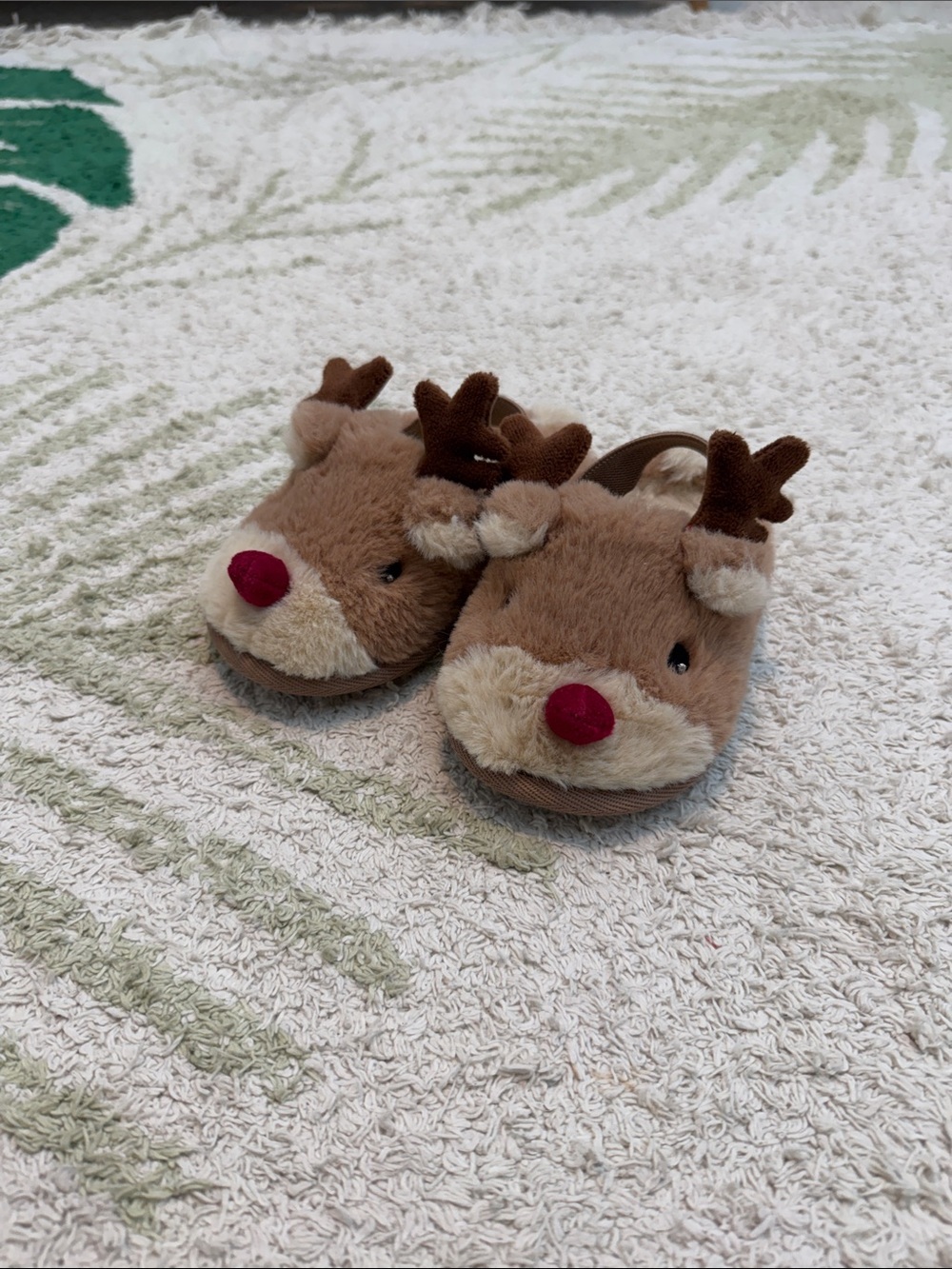 Kids Plush Reindeer Slippers - Brown with Red Nose
